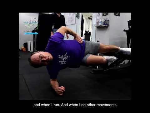 Client testimonial video thumbnail — strength exercise on a bench